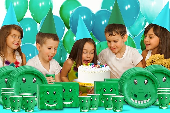 Alligator Birthday Party Supplies - Baby Alligator Tableware Set for Boy's Birthday - Kit Includes Plates, Napkins and Cups - For 16 Guests