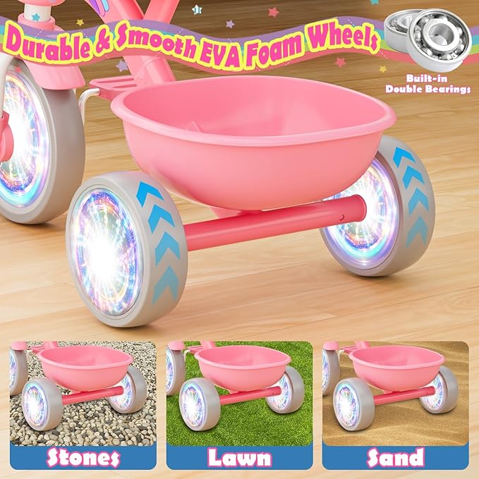 Tricycle for Toddlers 1-3 3-5 Year Olds, Unicorn Toddler Bike Baby Balance Bike with Colorful Lighting Wheels & Large Basket, Birthday Gift and Toy for 1 2 3 4 5 Year Olds Girls