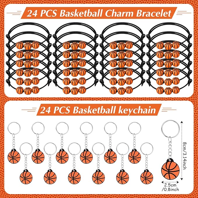 Aoriher 194Pcs Basketball Party Favors Set 24 Silicone Bracelets 24 Charm Bracelets 24 Mini Basketball 24 Keychains 24 Non Woven Gift Goodie Bags 24 Erasers 50 Sticker for Sports themed Party Supplies