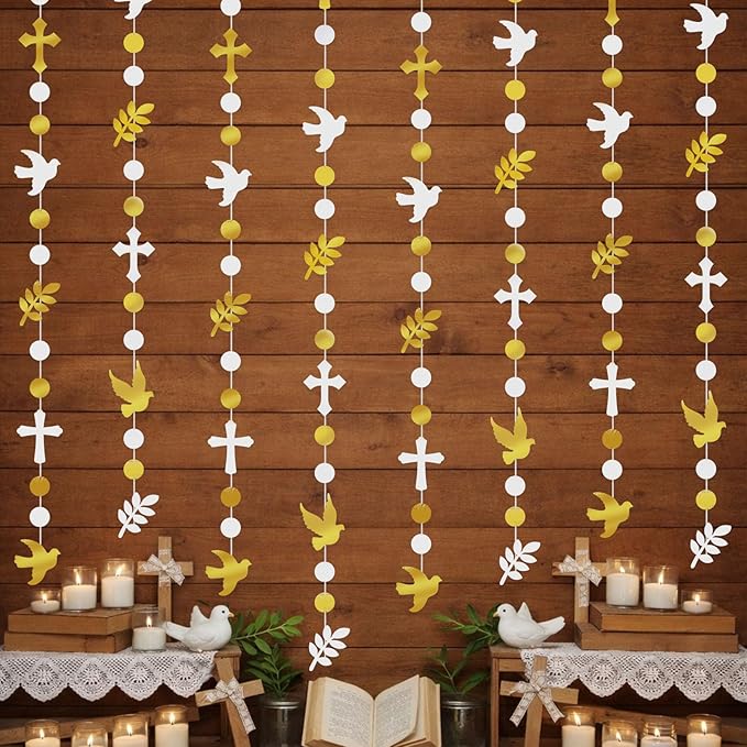 Frienda 8 Pcs Baptism Cross and Dove Garland Banner Christening God Bless Hanging Banners Decoration First Holy Communion Baby Shower Garlands Gold and White Christain Wedding Birthday Party Supplies