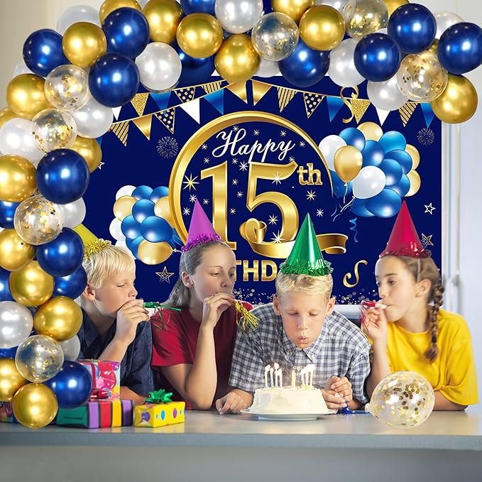 Blue Gold 15th Birthday Banner with Confetti Balloon Arch, Happy Fifteen Banner Balloons Set Party Supplies for Boys, 15 Year Old Birthday Poster