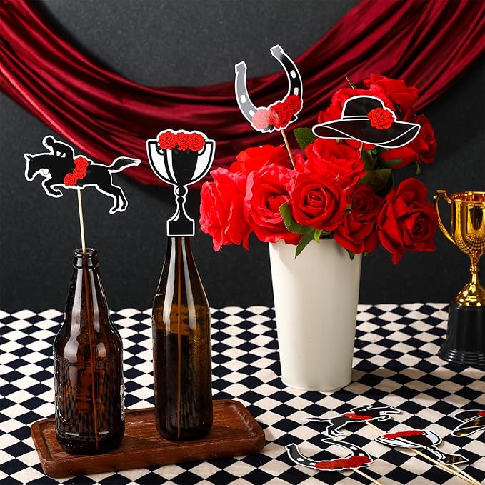 24 Pcs Double-sided Derby Party Supplies Decoration Sticks Set for Table Centerpieces Kentucky Horse Racing Theme Party Decorations for the Roses Derby Day Birthday Supplies
