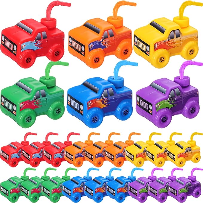 Tanlade 24 Set Monster Truck Road Cups with Straws, Plastic Vehicle off Road Drink Cup Reusable Truck Cups Bulk Race Car Birthday Party Favor Supplies for Racing Party Supplies (Classic Color)