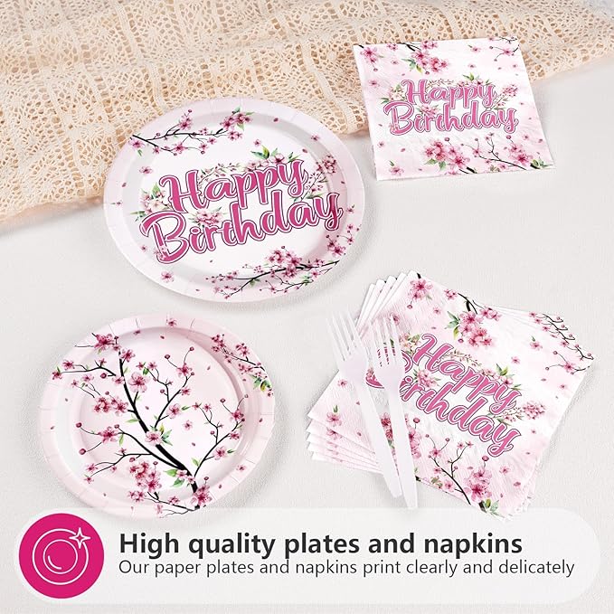96 Pcs Cherry Blossom Birthday Party Decorations Disposable Japanese Sakura Themed Party Paper Plates and Napkins Pink Flowers Tableware Set for Birthday Baby Shower Wedding Bridal Supplies