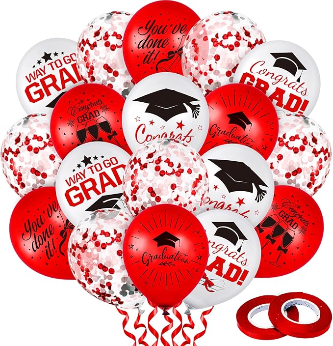 Whaline 60Pcs Graduation Party Balloon Set 7 Designs Confetti Latex Balloon with 2 Rolls Red Ribbon Grad Cap Congrats Grad Balloon for Graduation Party Decoration Supplies (Red, White)