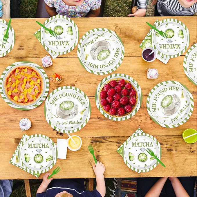 96Pcs Green Matcha Party Supplies She Found Her Perfect Matcha Plates and Napkins Green White Tableware Set for Bridal Shower Wedding Engagement Anniversary Party Decorations Serves 24