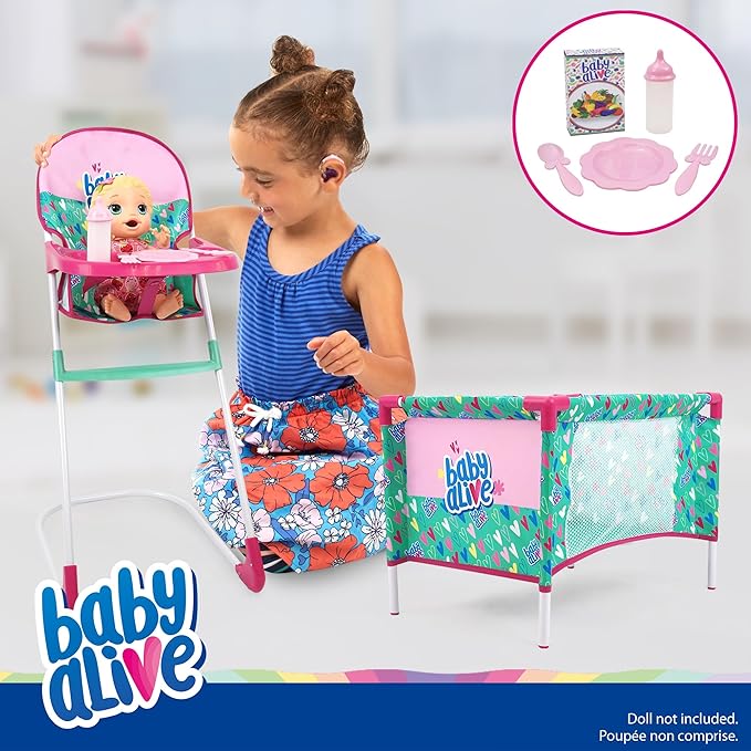 Baby Alive: at Home Set - 7pcs - Green, Pink, Hearts - Play Yard, Highchair, Feeding Accessories, Playset for Dolls Up to 18", Kids Toy, Ages 3+