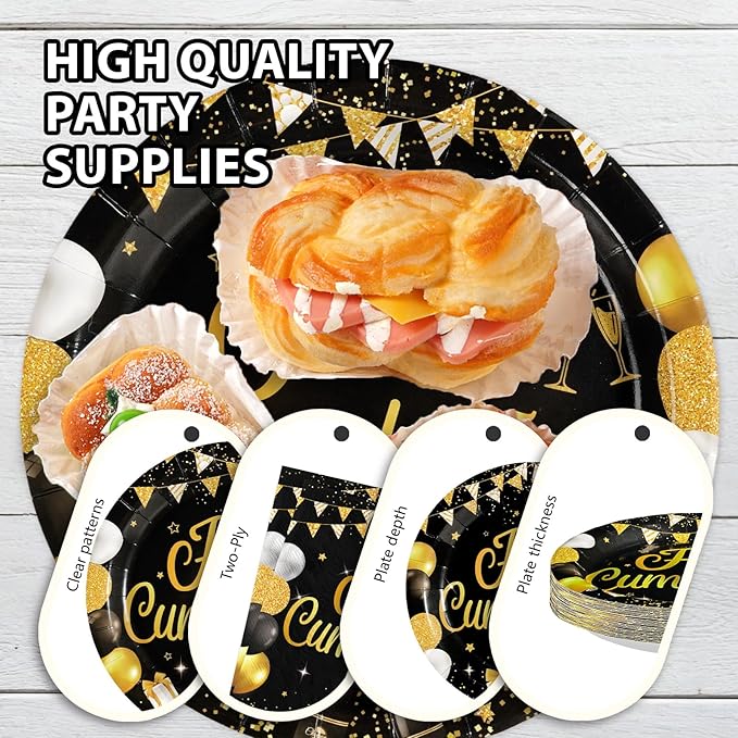 96Pcs Black and Gold Birthday Party Supplies Feliz Cumpleaños Gold Glitter Plates and Napkins Feliz Cumpleaños Happy Birthday Tableware Set for Men Women Spanish Party Decorations Serves 24