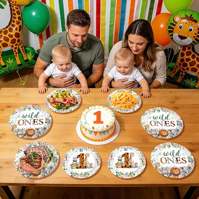 96Pcs Safari Wild Ones Birthday Party Decorations Twins Baby 1 Year Old Plates and Napkins Safari Jungle Animal Supplies for Boys Girls First Birthday Welcome Twins Party Supplies, Serves 24