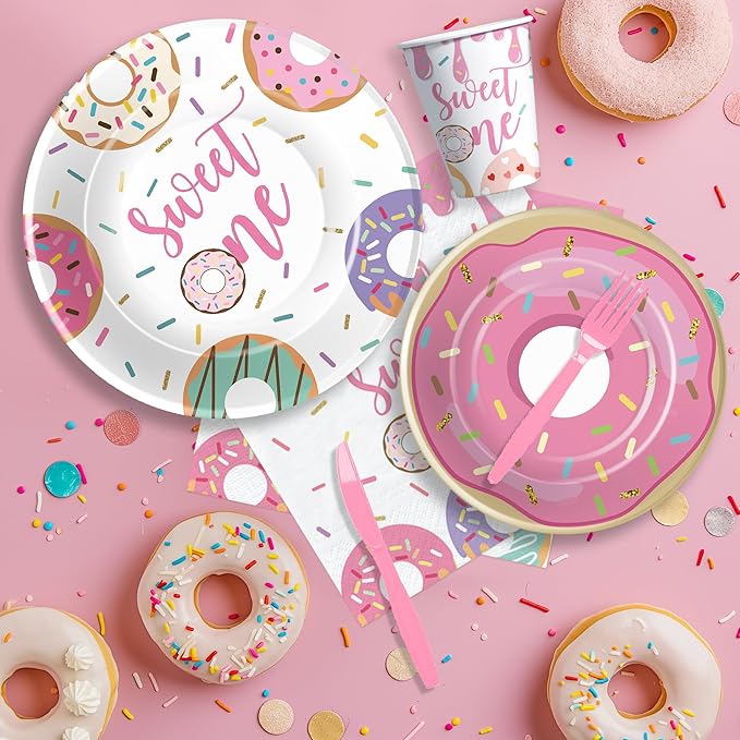 Xigejob Donut Sweet One Birthday Plates And Napkins Party Decorations Tableware Girls - Pink Donut 1st Birthday Party Supplies, Paper Plate, Cup, Napkin, Disposable Fork | Serves 24