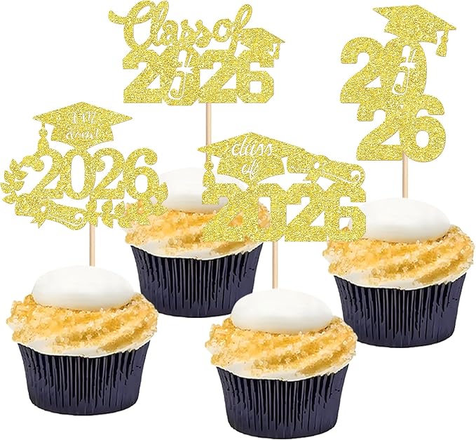 Graduation Cupcake Toppers 2026, Food/Appetizer Picks For Graduation Party Mini Cake Decorations 2026 Cupcake Toppers Graduation 24 Pieces (golden)