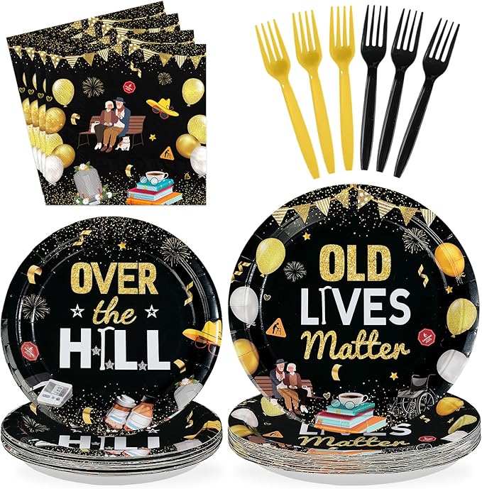 96Pcs Old Lives Matter Decoration Over The Hill Birthday Plates and Napkins Gold Black Funny Retirement Decoration Favor for Men Women 50th 60th 70th 80th Retirement Birthday Party Supplies Serves 24