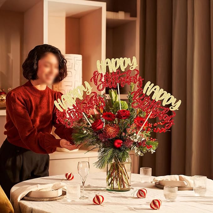 Gyufise 12Pcs Happy Birthday Centerpieces Sticks Double Sided Glitter Birthday Party Decorations Anniversary Table Flower Centerpiece for Celebrating Party Supplies Gold Red