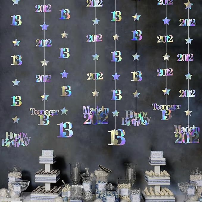 12PCS Iridescent 13th Birthday Decorations Number 13 and 2012 Star Garland Hanging Streamer Banner Backdrop for Girls Cheers to 13 Years Old Birthday Made in 2012 Official Teenager Party Supplies