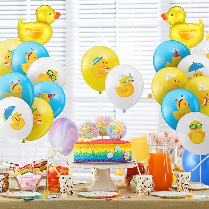 Sratte 40 Pcs Duck Balloon Inflatable Rubber Duck Party Decorations 12 Inch Cartoon Shape Foil Balloons Blue Pink Yellow White Latex Balloon for Baby Shower Themed Birthday Party Supplies