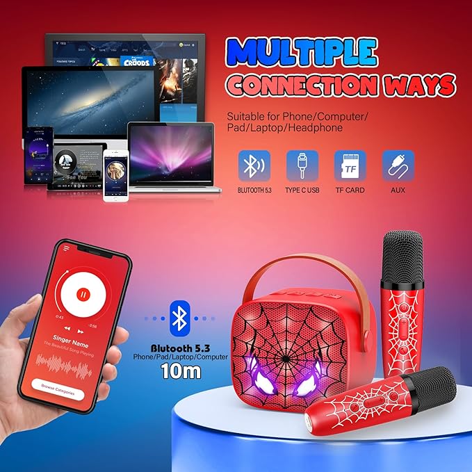 Mini Karaoke Machine Toys Gifts: Kids Toys Easter Birthday Gifts for 4 5 6 7 8 9 Years Old Girl Boy Basket Stuffers LED Portable Bluetooth Speaker with 2 Wireless Microphone Girl Gift Age 3-12+