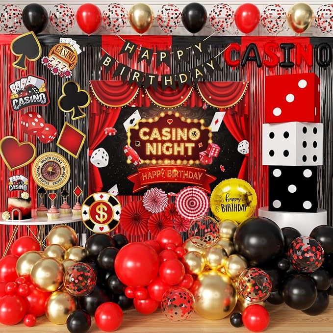 Casino Theme Party Decoration Las Vegas Birthday Party Dino Casino Night Poker Party Supplies Set for Adults Include Balloon Garland Kit, Casino Backdrop, Cake Toppers, Gold Curtain and Foil Balloons