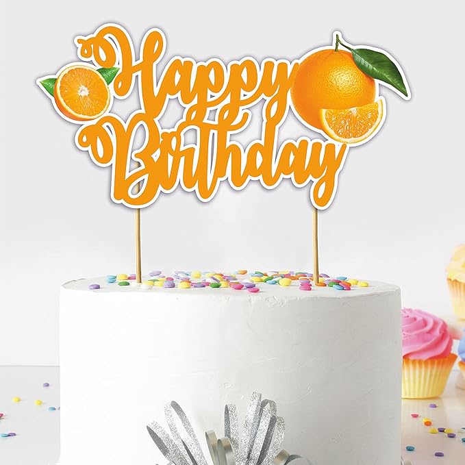Orange Happy Birthday Cake Topper – Fresh Fruit Theme Cake Decoration for Birthday Celebration, Orange Inspired Dessert Topper for Party Cakes, Table Display Styling, Photo Setup.