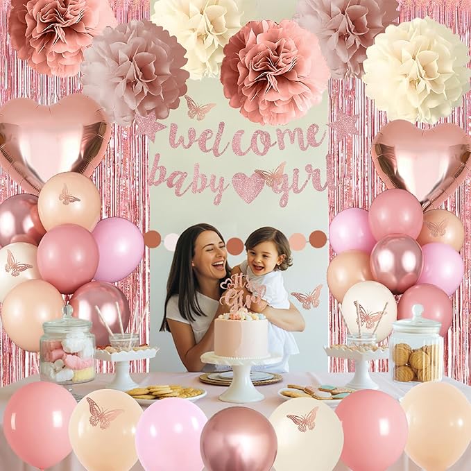 Pink Baby Shower Decorations for Girl, Boho Dusty Blush Pink Rose Gold Beige White Latex Balloons Welcome Baby Banner Its A Girl Cake Topper Pom Poms Fringe Curtain for Girls Birthday Party Decoration