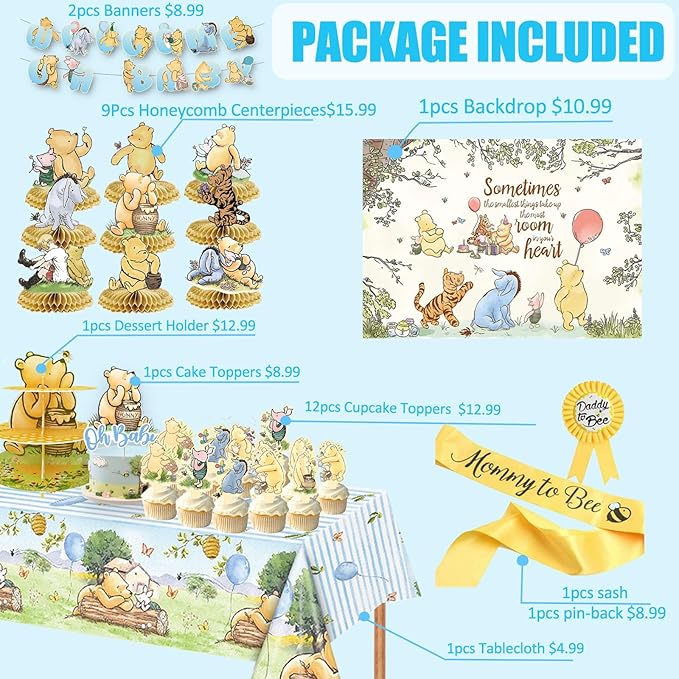Classic Winnie Baby Shower Decorations Kit, All-in-1 Vintage Winnie Party Supplies Decorations, Classic The Pooh Backdrop Cake Topper, Winnie Baby Tablecloth Honeycomb Decorations for Baby Shower
