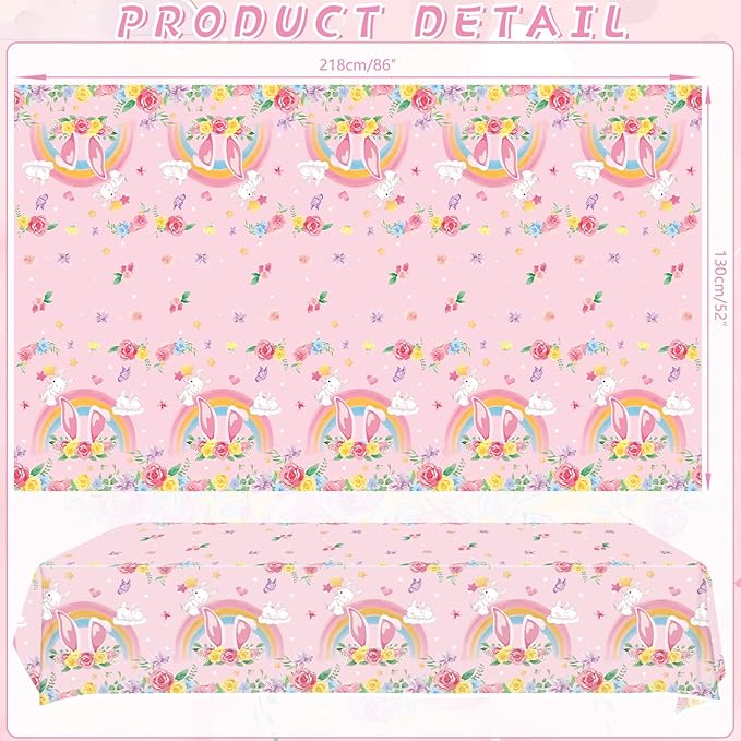 4 Pack Pink Bunny Party Tablecloth Supplies, Rabbit Rectangle Plastic Tablecloth for Rectangle Tables Gilrs Birthday Party Supplies Favors 51'' X 86''
