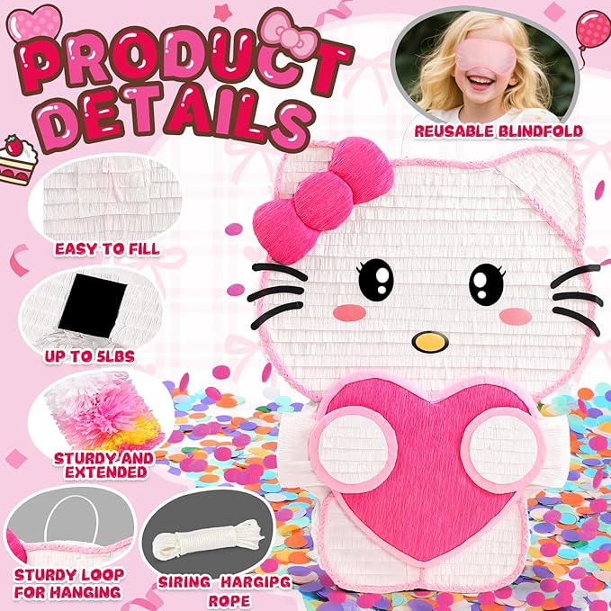 21" Pinata for Birthday Party - 3D Pink Large Pinata, 24" Bat Stick, Eye Mask, Rope - Cute Love Heart Design, Large Party Decoration & Candy Holder for Girls Kids Theme Party, Room Decor & Centerpiece