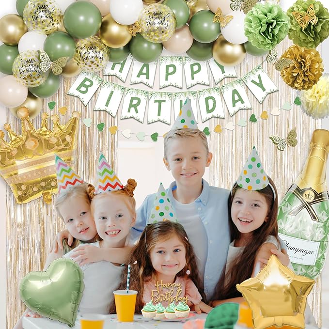Ouddy Life Sage Green Birthday Decorations Green White Gold Confetti Balloon Fringe Curtain Happy Birthday Banner Cake Topper for Women Girls Boys Neutral Boho Safari Wild Party Supplies