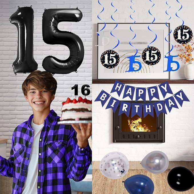 15th Birthday Decorations for Boys and Girls Dark Blue, HAPPY BIRTHDAY Banner Black Number 15 Balloons Tablecloth Foil Backdrop Star Balloons Garland Arch Kit-15 Years Old Birthday Party Supplies