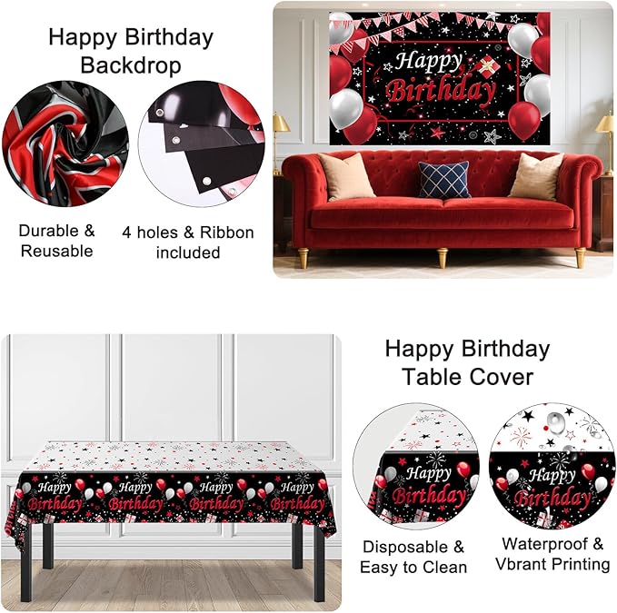 Black and Red Birthday Decorations for Men Women Boys Girls, Black and Red Party Decorations Happy Birthday Banner Backdrop Confetti Silver Balloons Arch Hanging Swirls Party Supplies Tablecloth