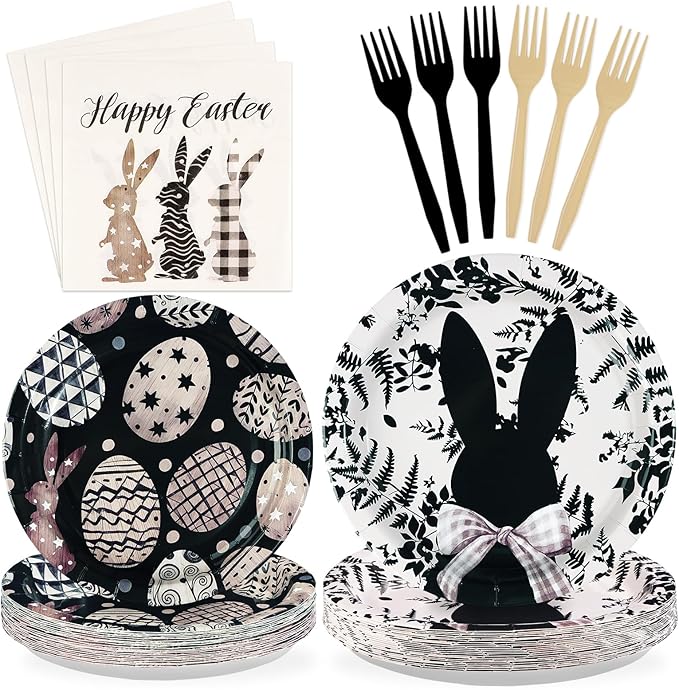 96Pcs Easter Bunny Decorations Easter Bunny Eggs Plates and Napkins Black and White Rabbit Eggs Disposable Tableware for Spring Outdoor Home Party Decorations