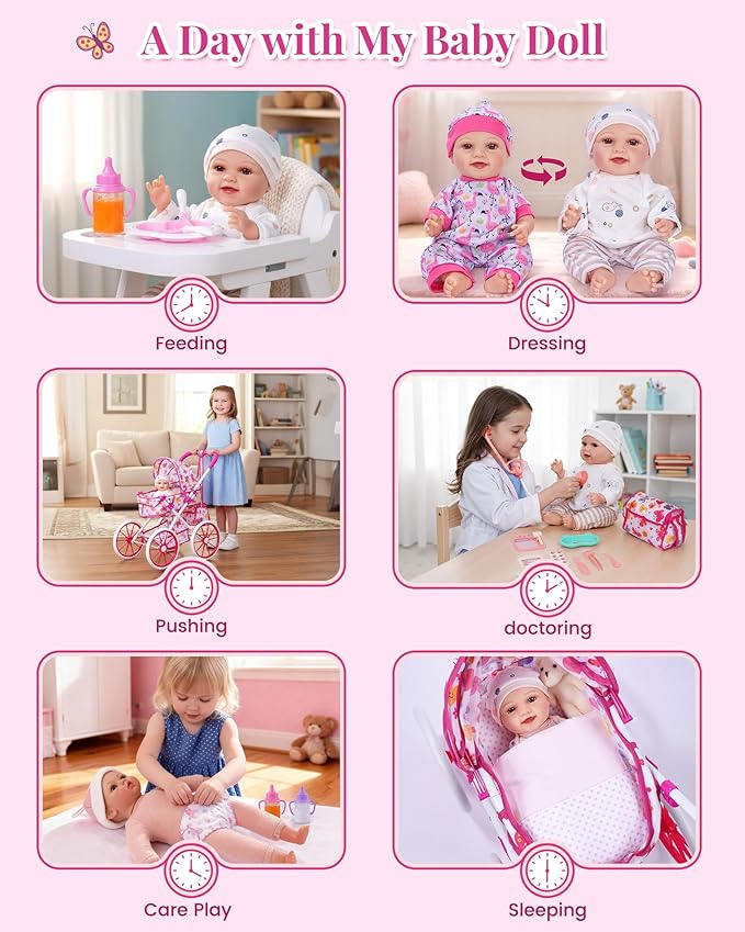 JIZHI Baby Doll Stroller Set with 12 Inch Dolls, 27-Piece Foldable Doll Stroller with Baby Doll Accessories for Pretend Play, Feeding & Bedding Playset Gift for Kids 3+