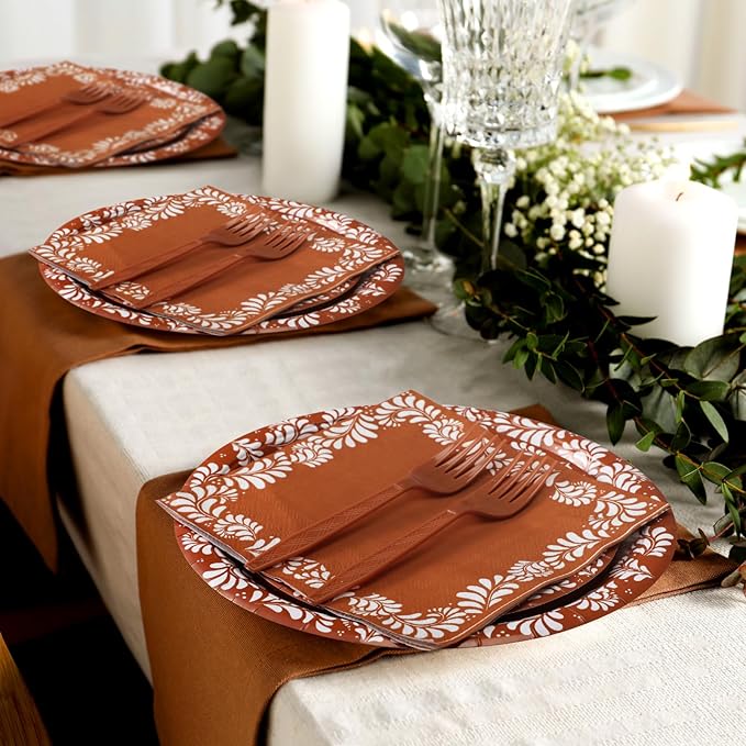 122 Pcs Brown Cielito Lindo Baby Shower Decoration Platos De Barro Mexicanos Fiesta Talavera Paper Plates Mexican Napkins Forks Tableware Set for Birthday Weeding Party Supplies, Serve 24