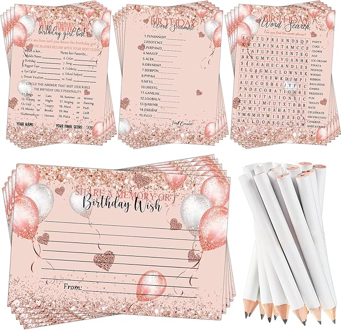 Fumete 100 Pcs Who Knows The Birthday Girl Best Cards with 20 Pre Pointed Pencils Set for 20 Guests, Girls Birthday Night Game Ideas, Girls Her Sleepover Party Supplies, 4 Activities(Balloon)
