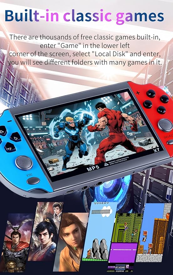 JXD Colorful Retro Video Game Console 4.3 inch Sreen 8GB Built-in 4000 Games Handheld ArcadeGame Console mini Portable Game Device Multiple Simulator MP3 MP4 E-Book Nostalgic Children's Gift(Bluered)