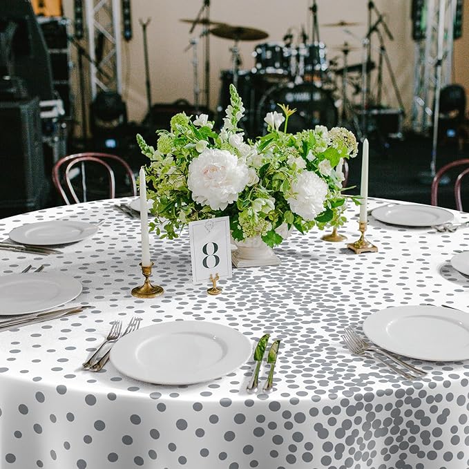 VitalCozy Round Dot Tablecloth 84 Inch Plastic Table Cover Polka Dot Confetti Tablecloths for Easter 2026 Graduation Prom Wedding Birthday Spring Party Supplies(White and Silver,3 Pcs)