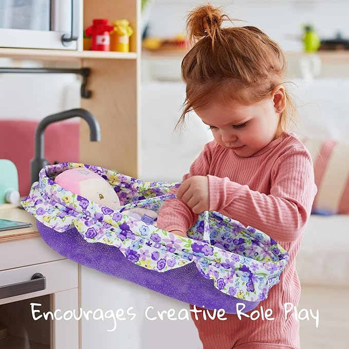 June Garden Cozy Dream Doll Bassinet - Baby Doll Portable Carrier - Fits for American Girl Dolls up to 14" - Soft Pillow & Safety Buckle Included - Purple