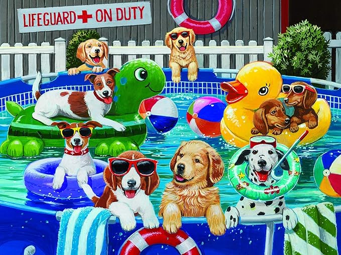 Bits and Pieces – 300 Piece Jigsaw Puzzle for Adults – Puppy Pool Party - Summer Swimming Dog Jigsaw Puzzle by Artist William Vanderdasson, Completed Puzzle Size: 18" x 24"