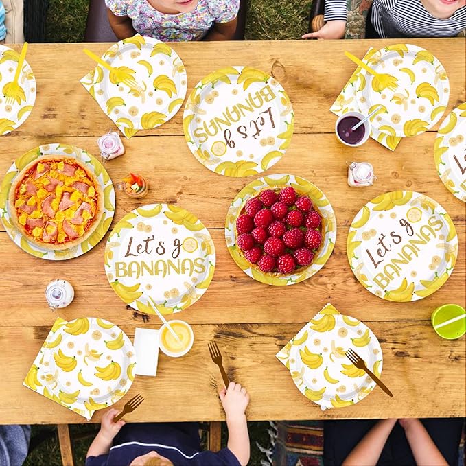 96PCS Yellow Banana Party Supplies Gold Glitter Fruit Plates And Napkins Let's Go Bananas Dessert Plates for Fruit Birthday Baby Shower Party Decorations Serves 24