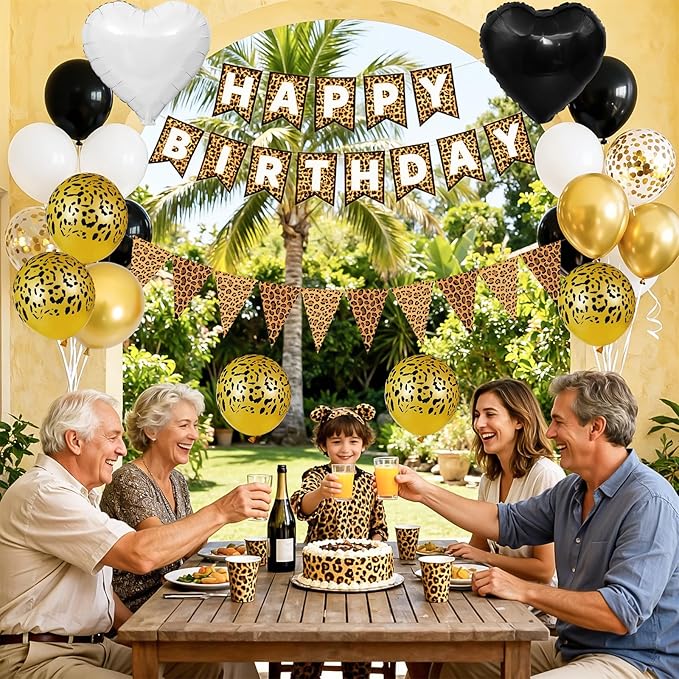 Leopard Print Happy Birthday Decorations, Gold Cheetah Print Animal Balloons Black White and Heart Balloons with Birthday Banner for Safari Wild Birthday Baby Shower Jungle Zoo Theme Party Supplies