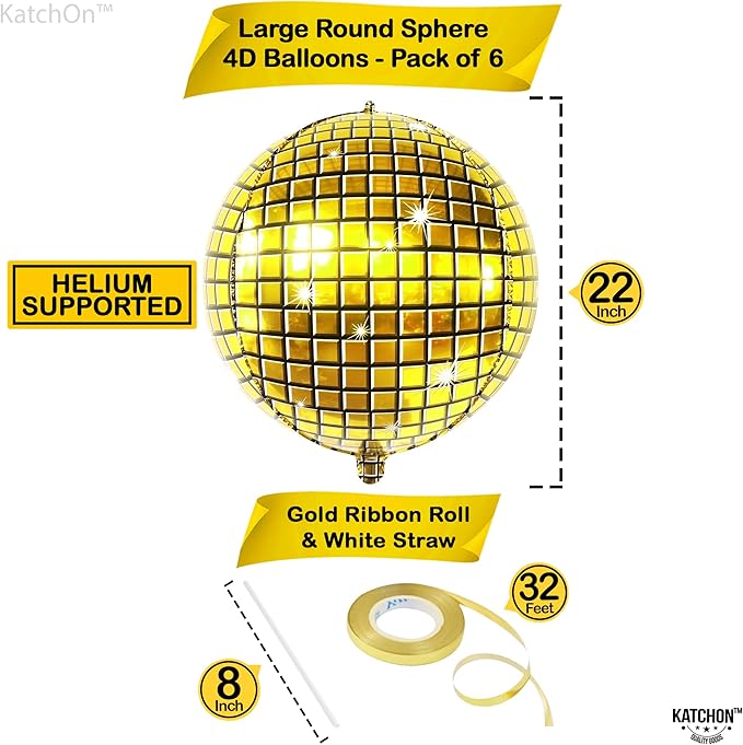 KatchOn, Huge Gold Disco Ball Balloons - 22 Inch Pack of 6 | 4D Disco Balloon for Golden Birthday Party Decorations, Gold Party Decorations | Disco Ball Decoration, Graduation Decorations 2026