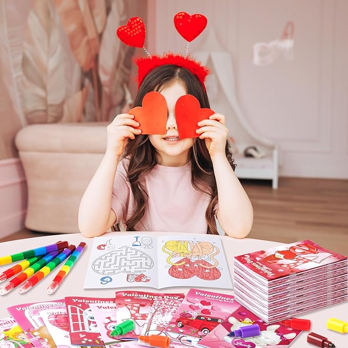BenLouis 24 Pcs Valentines Day Mini Coloring Books Kids Valentine School Party Favors Small Activity Books Bulk for Kids Valentine's Day Goodie Bags Stuffers Return Gifts Classroom Travel