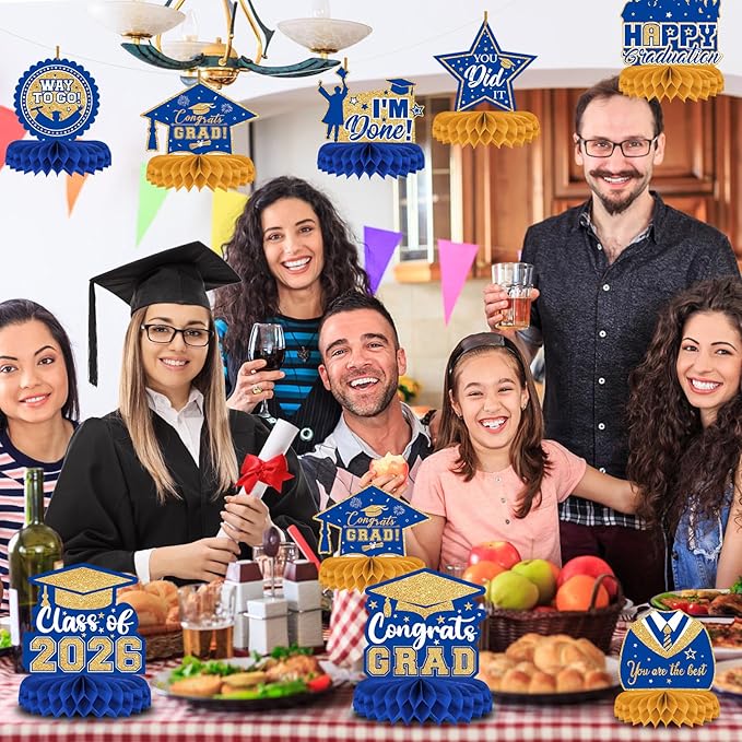 8 Pieces Class of 2026 Graduation Table Decorations - 2026 Congrats Grad Honeycomb Centerpieces, Graduation Table Toppers Decor for 2026 Graduation Party Decorations Favor Supplies, Blue and Gold