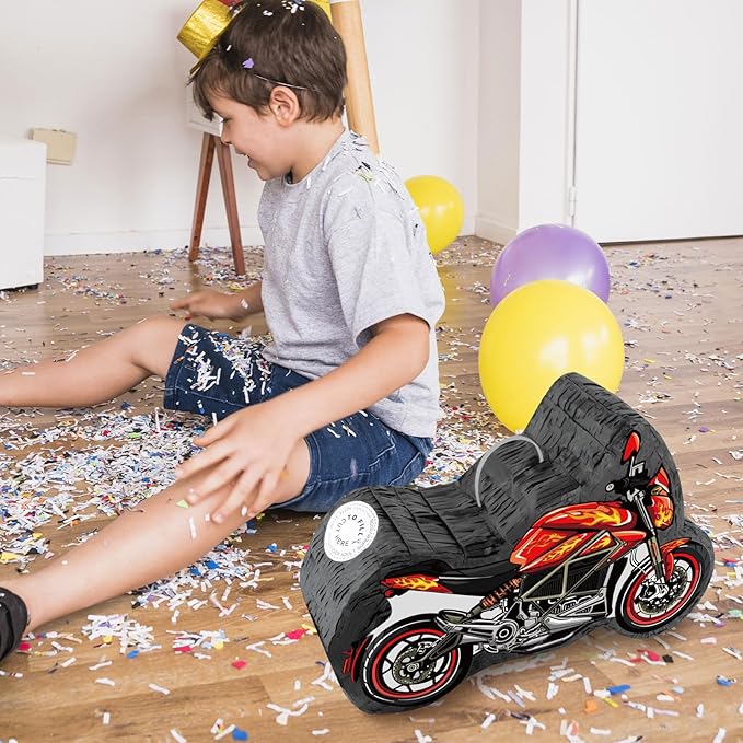 Hooqict Motorcycle Birthday Decorations Motorcycle Car Pinata with Pinata Stick & Blindfold for Kids Boys Racing Car Theme Birthday Party Supplies Decorations
