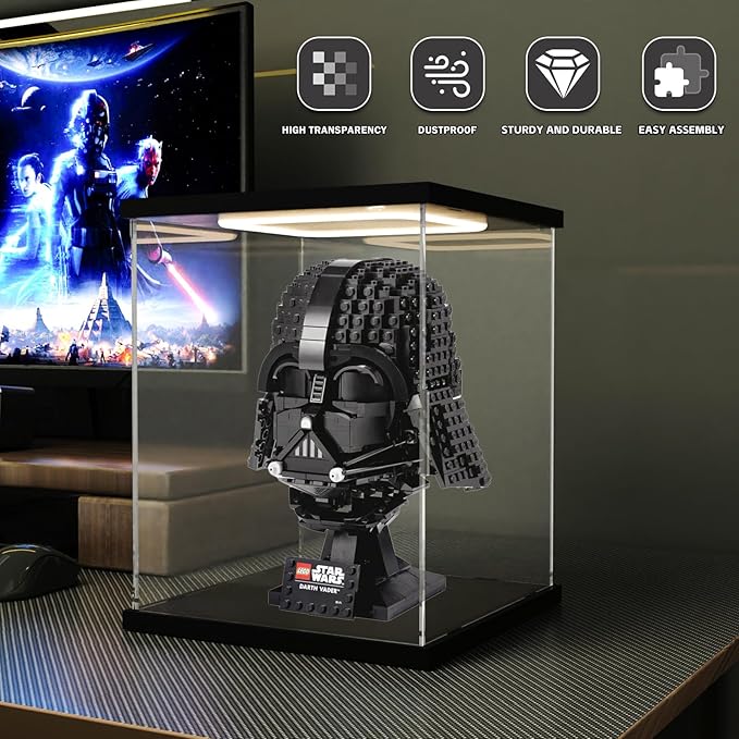 Nynelly Acrylic Display Case for Collectibles, Clear Lighted Display Box for Lego R2D2 75379 , 75304 75349 Star Wars Helmet, Trophy Display Case Assemble Dustproof Figures Showcase, 7.9x7.9x9.8in