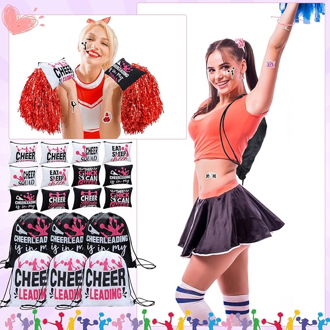 Abbylike 60 Pcs Cheerleading Party Favors Cheer Party Supplies Include 12 Pink Makeup Bag 12 Bracelet 12 Drawstring Backpack 12 Hair Ties 12 Pink Horse Temporary Tattoo for Western Birthday Decoration