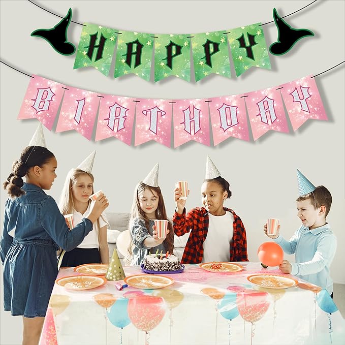 OHOME Witch Party Decorations - Pink and Green Happy Birthday Banner for Halloween Birthday Party Decorations Supplies | Witch Themed Decor Backdrop Photo Booth Props