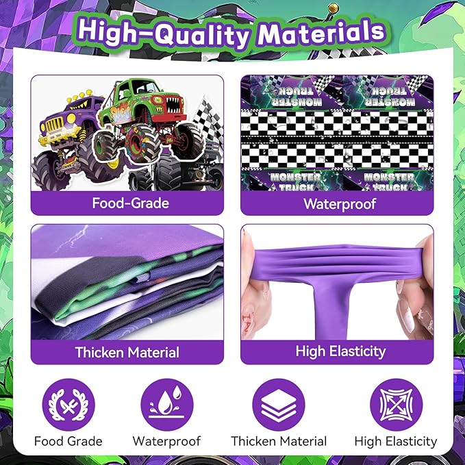 99 Pcs Monster Truck Birthday Party Decorations Set with Purple and Green Black Balloon Garland Arch Kit with Star & Wheels Checkered Balloons, Backdrop, Tablecloth, Grave Digger Party Supplies