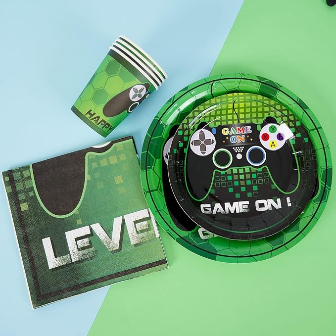WERNNSAI Video Game Birthday Decorations - 64 PCS Game Plates Napkins and Cups Gaming Birthday Plates for Boys Gamer On Level Up Party Supplies for Gaming Theme Baby Shower Birth Anniversary Parties