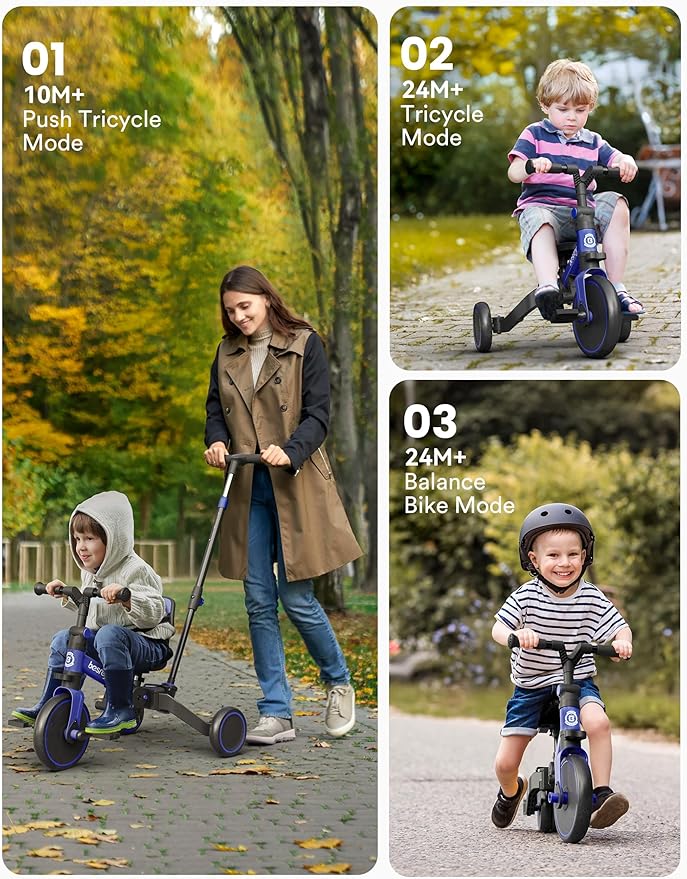 besrey 4 in 1 Toddler Bike, Toddler Tricycle for 1-3 Year Old, Trike with Push Handle, Backrest and Safety Belt, Birthday Gifts and Toys for Boys and Girls, Balance Bike (Dark Blue)