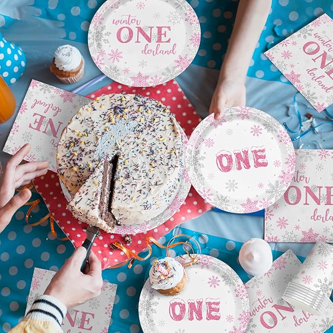 168pcs Winter Onederland Party Supplies Pink and Silver Snowflake Plates Napkins Disposable Tableware Set Paper Cups Winter Onederland 1st Birthday Party Supplies for Girls Birthday Decor Serves 24